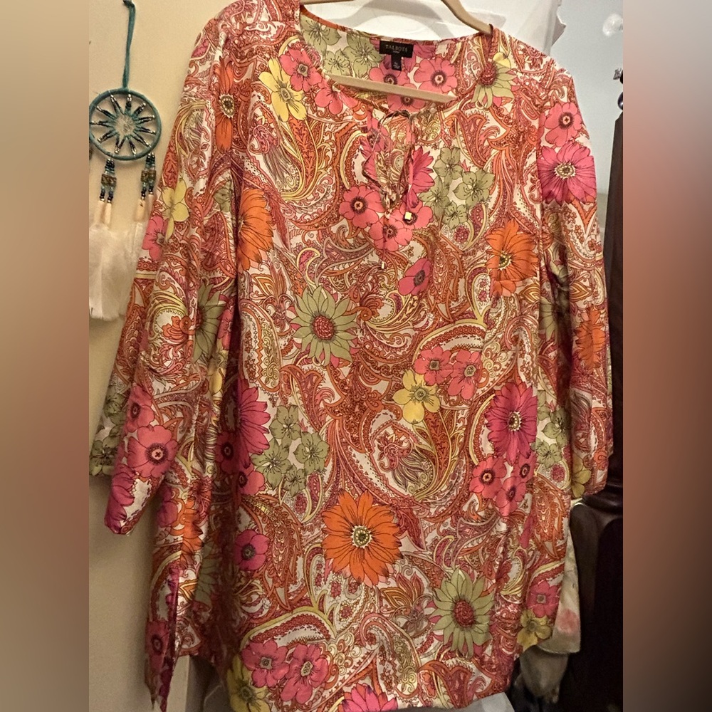 Talbots NWOT Silk 100% 1X Top Floral Paisley Hot pink orange lime 3/4 sleeve - Picture 6 of 16